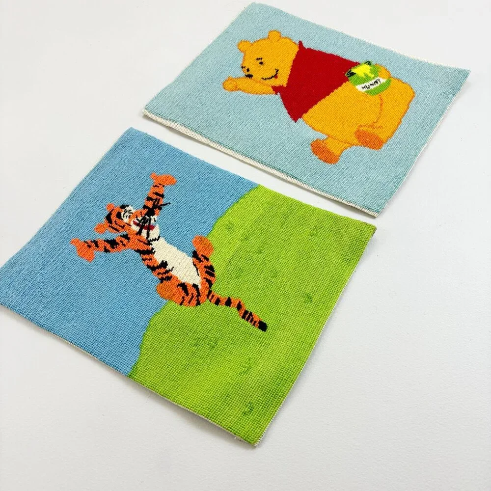 VINTAGE Winnie the Pooh Tigger Wool Crewel Needlepoint Panels Set Of 2 Handmade